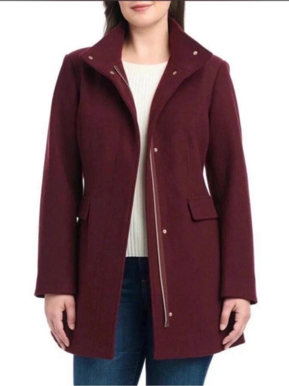 Vince Camuto Burgundy Stand-Collar Wool-Blend Pea Coat